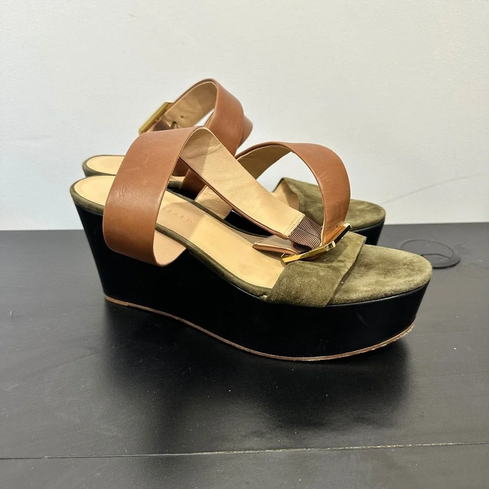 Veronica Beard‎ Platform Wedge Hurley Sandals Olive Green and Brown